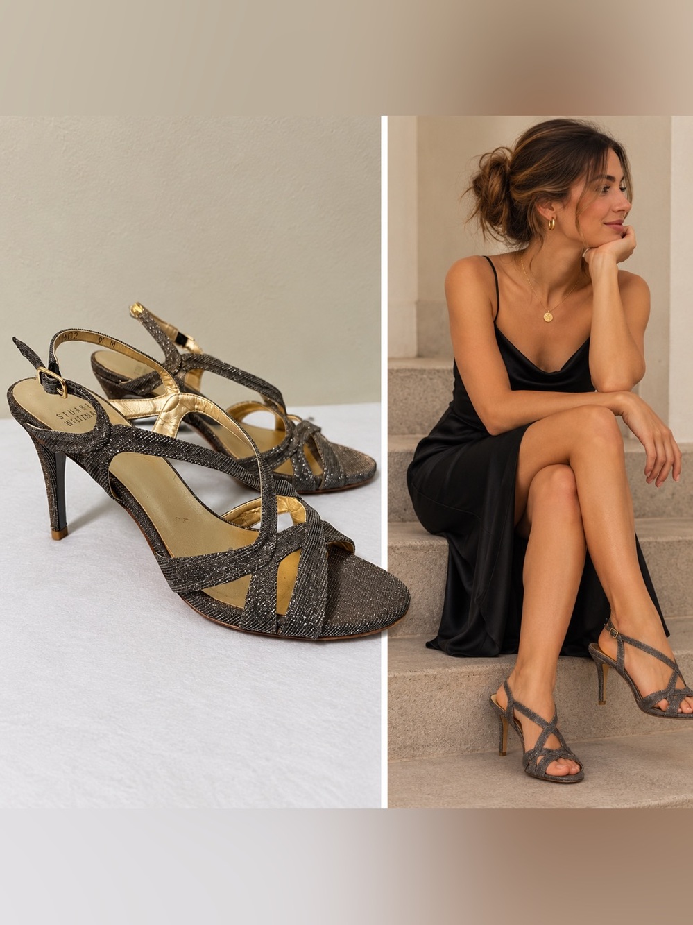 Stuart Weitzman Turning Up Strappy Glitter Sandals metallic Pyrite Nocturn Sz 9M